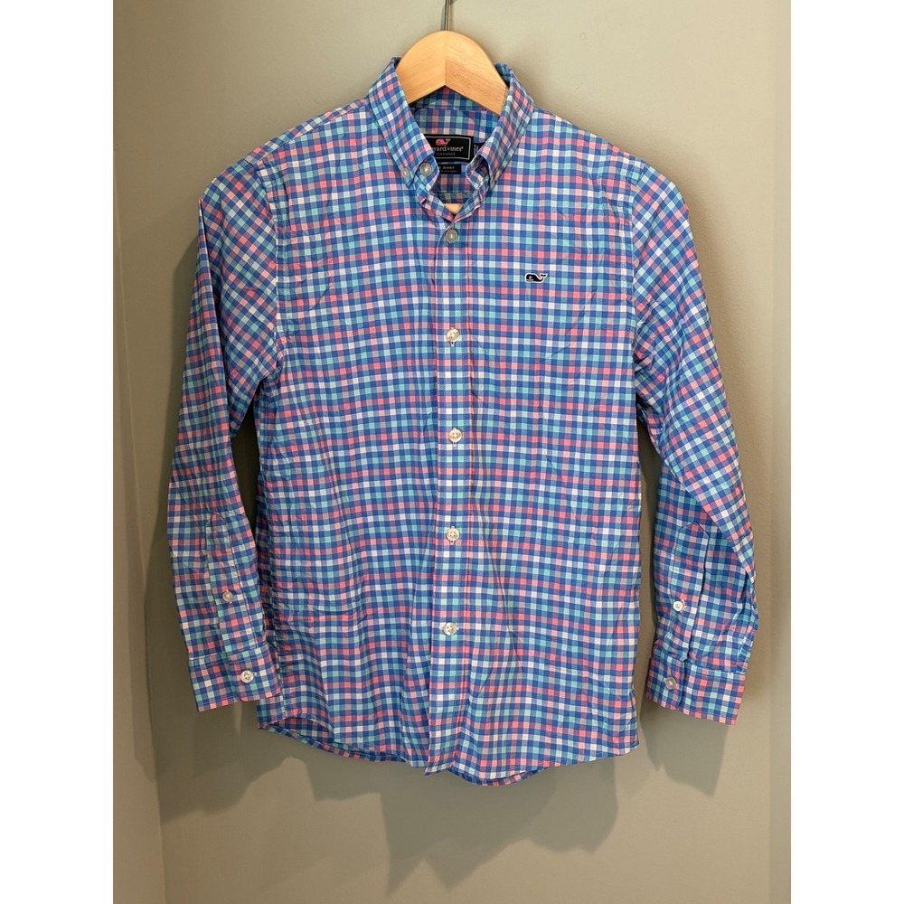 Vineyard Vines Boys Performance Whale Shirt Gingham Blue Pink Small 8-10